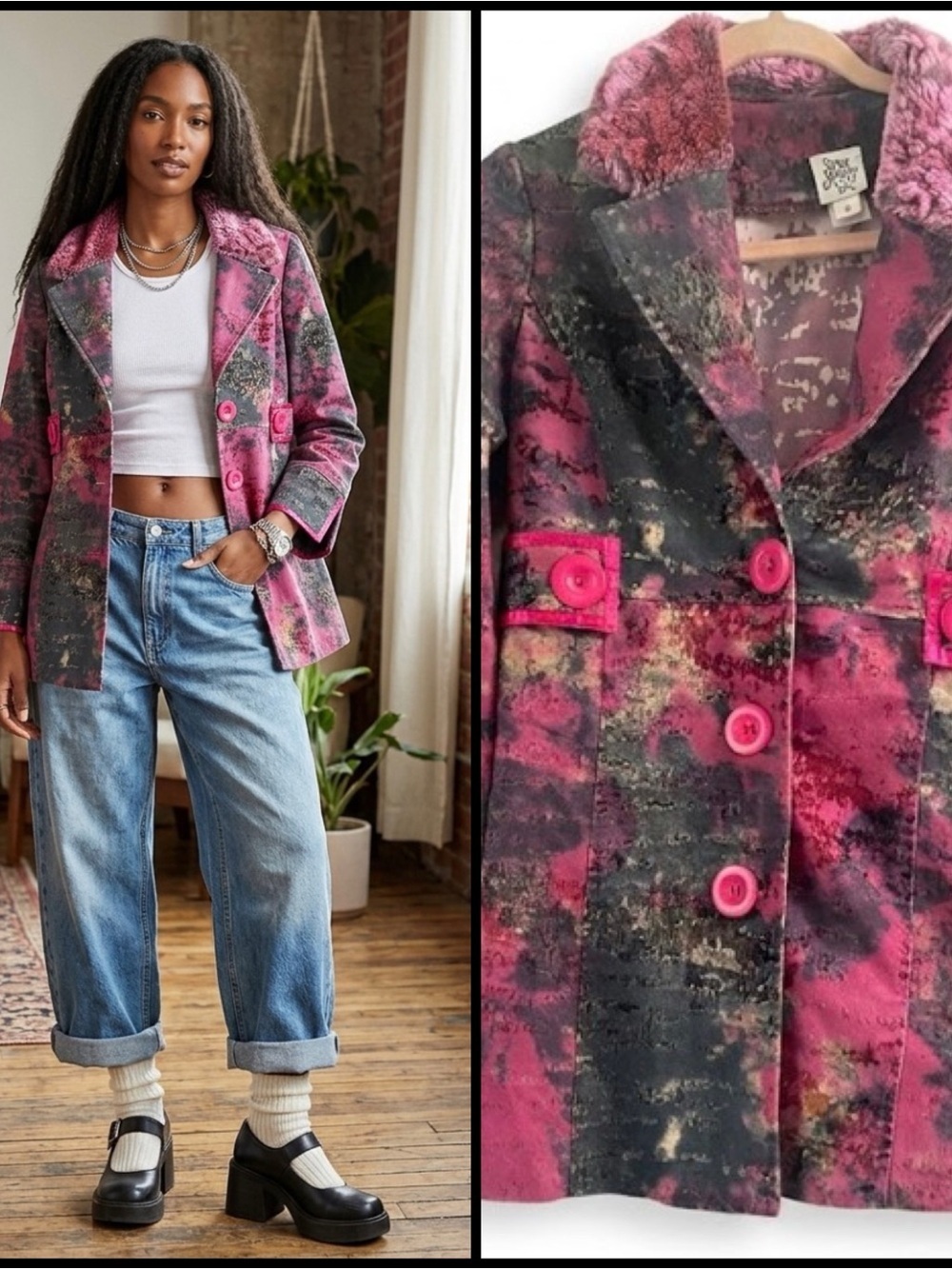 Ivy Jane Y2K Faux Fur Trim Notched Collar Pink Button Jaquard Retro Jacket S
